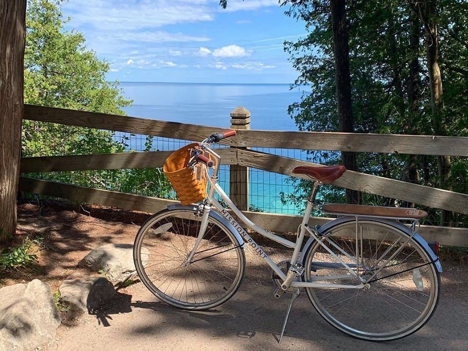 Bicycle overlooking trees and water